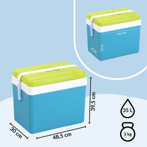 Lodówka turystyczna 35L KAMAI EDA na wkłady mrożące, turkusowa z białą rączką i zieloną pokrywą