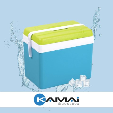 Lodówka turystyczna 35L KAMAI EDA na wkłady mrożące, turkusowa z białą rączką i zieloną pokrywą