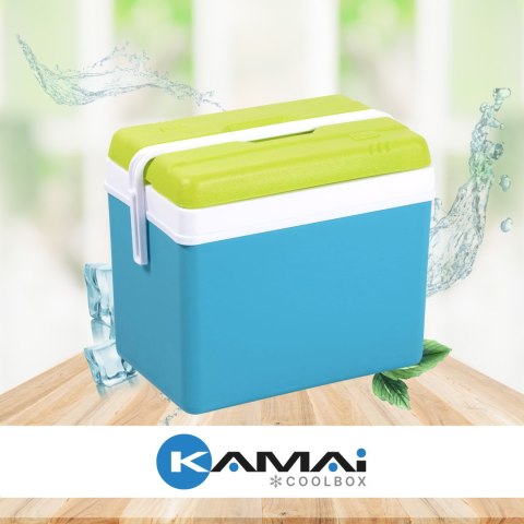 Lodówka turystyczna 35L KAMAI EDA na wkłady mrożące, turkusowa z białą rączką i zieloną pokrywą