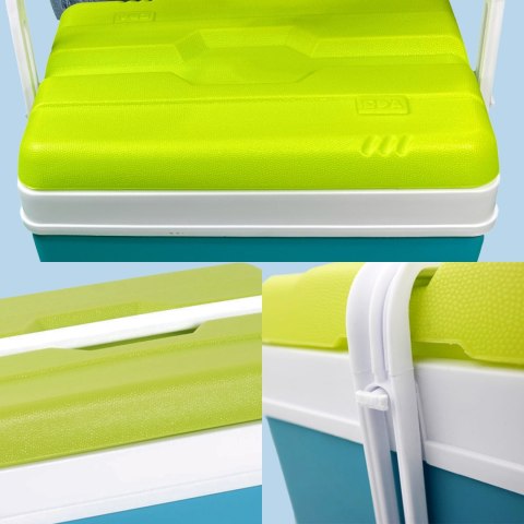 Lodówka turystyczna 35L KAMAI EDA na wkłady mrożące, turkusowa z białą rączką i zieloną pokrywą