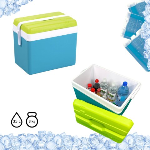 Lodówka turystyczna 35L KAMAI EDA na wkłady mrożące, turkusowa z białą rączką i zieloną pokrywą