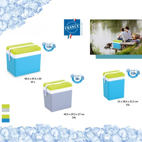 Lodówka turystyczna 35L KAMAI EDA na wkłady mrożące, turkusowa z białą rączką i zieloną pokrywą
