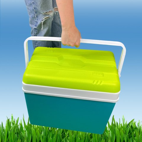 Lodówka turystyczna 35L KAMAI EDA na wkłady mrożące, turkusowa z białą rączką i zieloną pokrywą