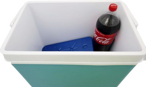 Lodówka turystyczna 35L KAMAI EDA na wkłady mrożące, turkusowa z białą rączką i zieloną pokrywą