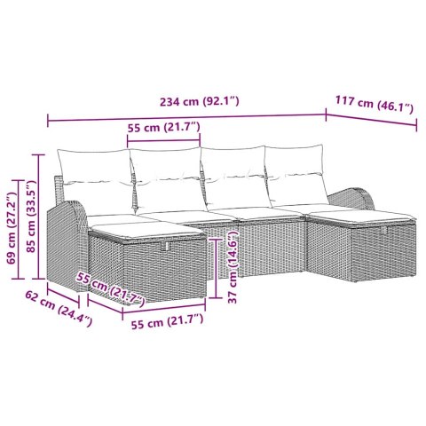 Zestaw Sof z poduszką z przechowywaniem 6 pcs Czarny polirattan
