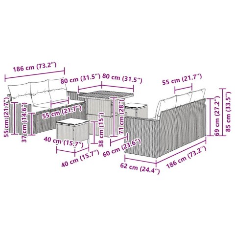 VidaXL Zestaw Sof na Ogród z poduszką 9 pcs Czarny i kremowy