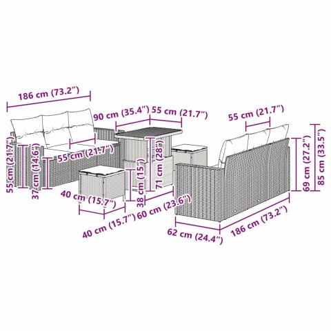VidaXL Zestaw Sof na Ogród z poduszką 9 pcs Czarny i kremowy