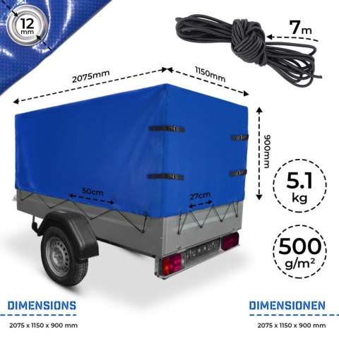 Niebieska plandeka PVC do przyczepki 2075x1150x900 mm