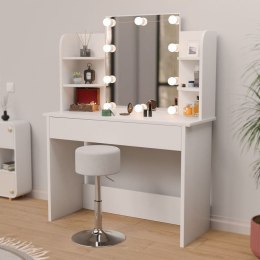 Toaletka kosmetyczna LED, biała, z szufladą i półkami