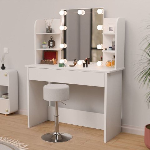 Toaletka kosmetyczna LED, biała, z szufladą i półkami