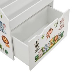 Kolorowy regał dziecięcy na książki i zabawki ze zwierzątkam