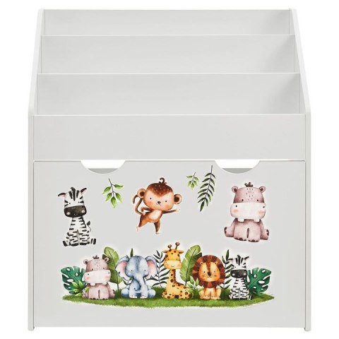 Kolorowy regał dziecięcy na książki i zabawki ze zwierzątkam