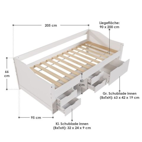 Łóżko dziecięce białe 90x200 z szufladami i półką na zabawki