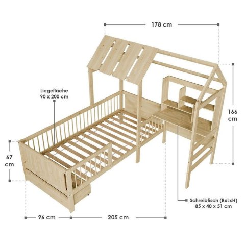 Naturalne łóżko domek z biurkiem i szufladami, 90x200 cm