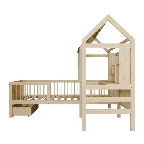 Naturalne łóżko domek z biurkiem i szufladami, 90x200 cm