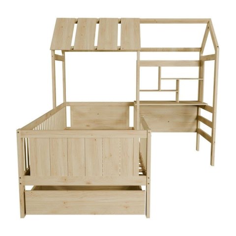 Naturalne łóżko domek z biurkiem i szufladami, 90x200 cm