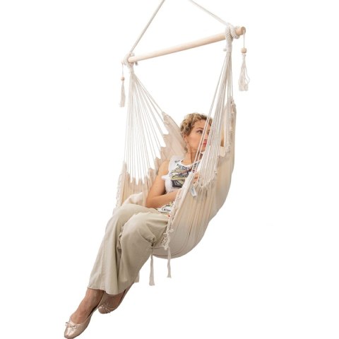 HAMAK FOTEL BRAZYLIJSKI MIAMI Z FRĘDZELKAMI 130X100CM + 2 PODUSZKI 40X40CM BEŻOWY