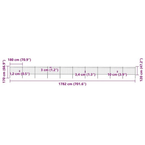 Ogrodzenie ogrodowe z włócznią, stalowe, 1781,5 x 120 cm, czarne