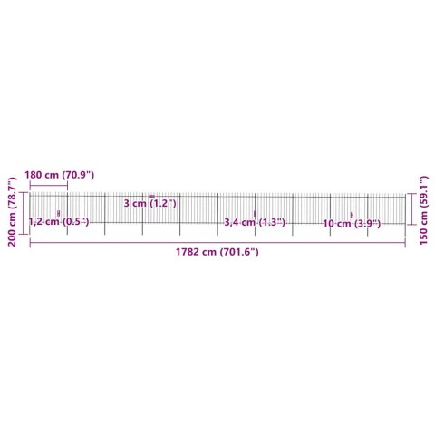 Ogrodzenie ogrodowe z włócznią, stalowe, 1781,5 x 150 cm, czarne