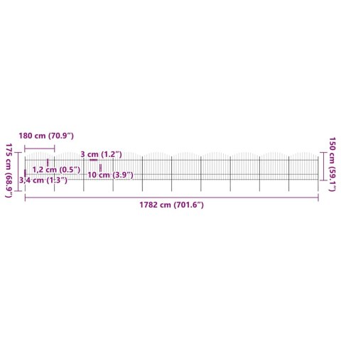 Ogrodzenie ogrodowe z włócznią, stalowe, 1781,5 x 175 cm, czarne