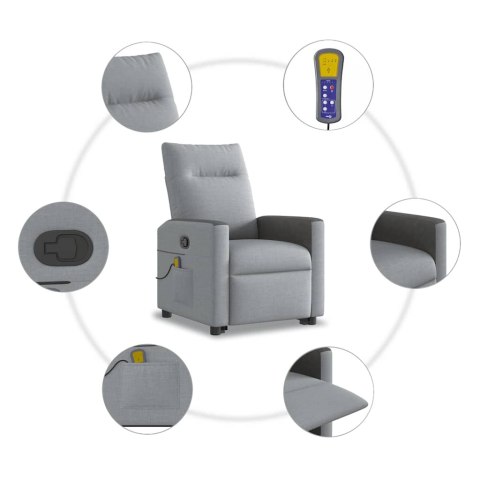 Podnoszony fotel masujący, rozkładany, jasnoszary, tkanina