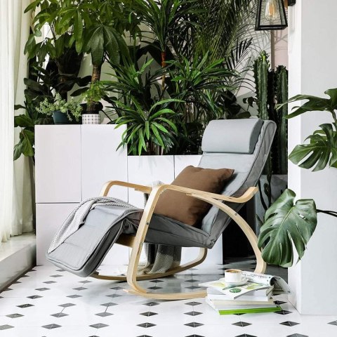 Fotel bujany szary z podnóżkiem, drewno brzozowe, 150 kg