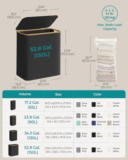 Kosz na pranie 150l z 3 przegrodami, bambusowa rama, czarny