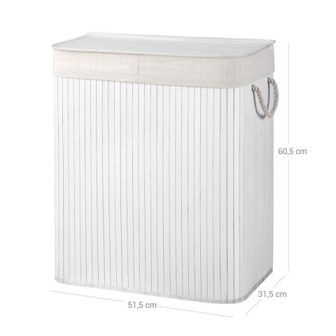 Kosz na pranie bambusowy 100 l, 2 komory, biały, z pokrywą