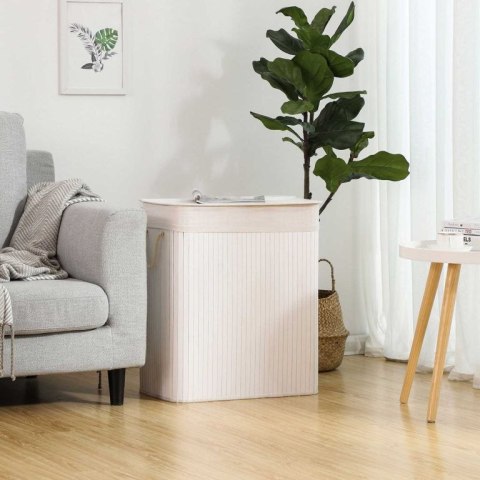 Kosz na pranie bambusowy 100 l, 2 komory, biały, z pokrywą