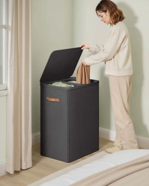 Kosz na pranie dwukomorowy czarny z pokrywą 56x40x75 cm