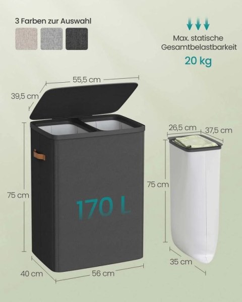 Kosz na pranie dwukomorowy czarny z pokrywą 56x40x75 cm