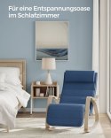 Nowoczesny fotel bujany z regulowanym podnóżkiem, niebieski