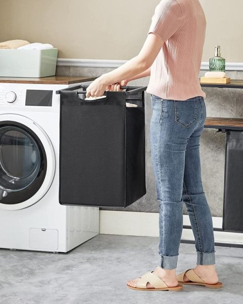 Nowoczesny kosz na pranie z półką, 2 worki, stal, MDF, 73 cm