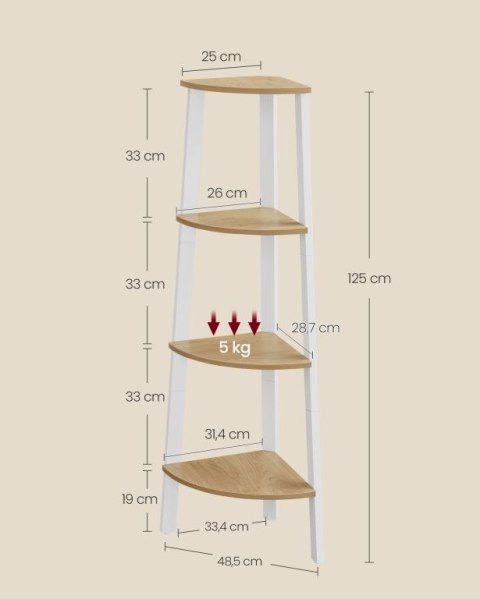 Regał narożny 4-poziomowy dąb/biały, stabilny, łatwy montaż