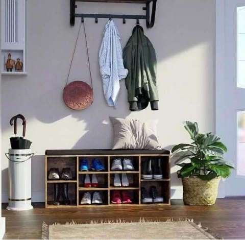 Szafka na buty z 10 przegródkami i tapicerowanym siedziskiem