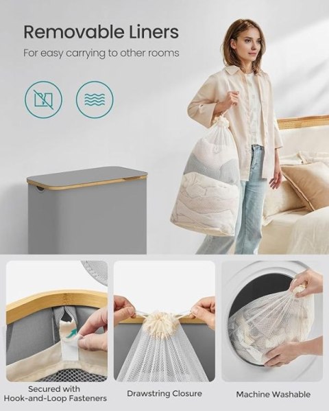 Szary kosz na pranie 150l z 3 komorami i bambusową pokrywą