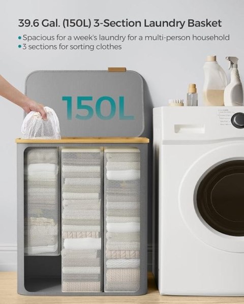 Szary kosz na pranie 150l z 3 komorami i bambusową pokrywą