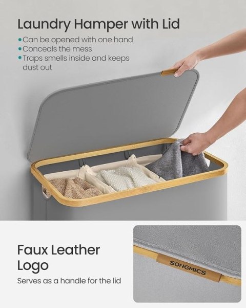 Szary kosz na pranie 150l z 3 komorami i bambusową pokrywą