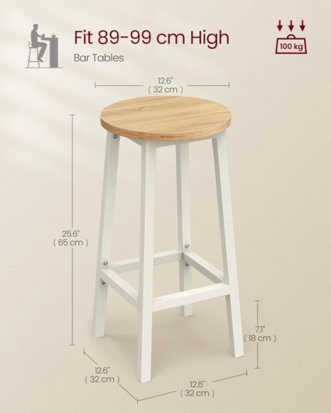VASAGLE zestaw 2 krzeseł barowych białe/dąb 65 cm do kuchni