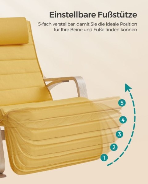 Żółty fotel bujany z regulowanym podnóżkiem i poduszką