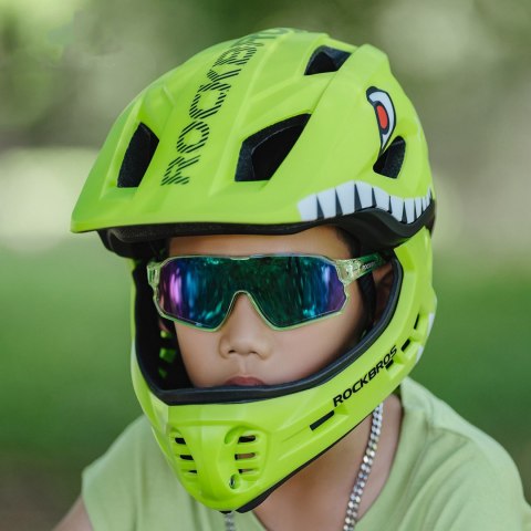 Kask rowerowy dziecięcy z odpinaną szczęką rozmiar M 54-58cm - zielony rekin