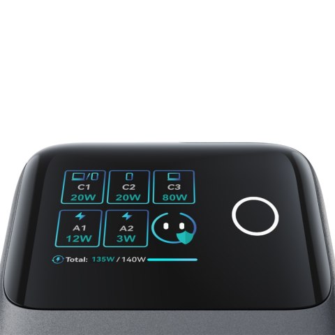 Ładowarka biurkowa 5 portów 2 zwijane kable GaN 140W - szara