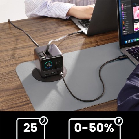 Ładowarka biurkowa 5 portów 2 zwijane kable GaN 140W - szara