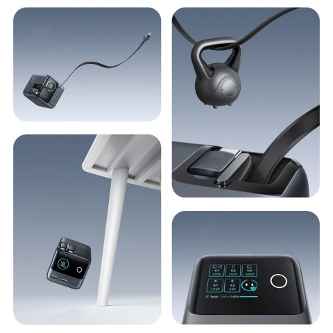 Ładowarka biurkowa 5 portów 2 zwijane kable GaN 140W - szara