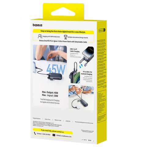 Powerbank 10000mAh 45W z kablem smyczą EnerFill FC21 Qpow 3 Ultra - czarny