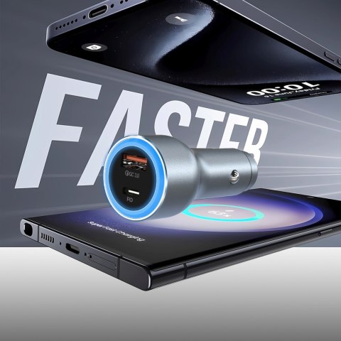 Ładowarka samochodowa USB-A USB-C PD QC LED 120W - szary