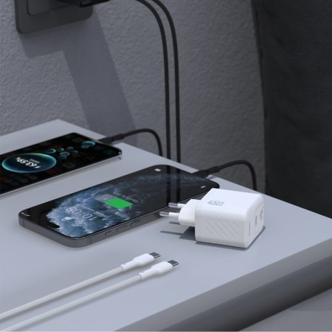 Ładowarka sieciowa 2xUSB-C z kablem USB-C GaN PD 45W - biała
