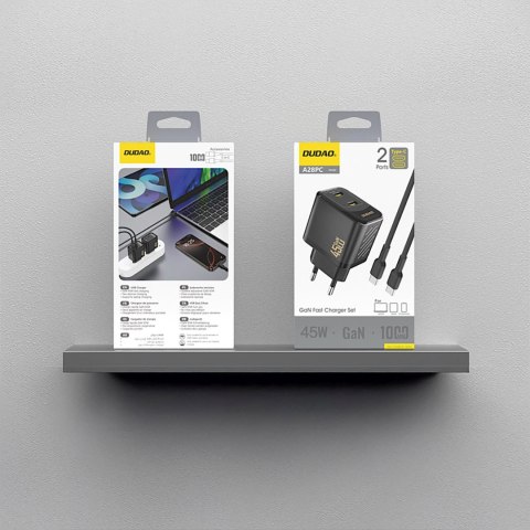 Ładowarka sieciowa 2xUSB-C z kablem USB-C GaN PD 45W - czarna
