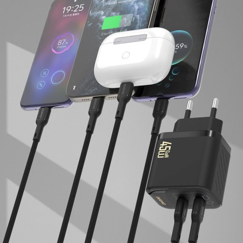 Ładowarka sieciowa 2xUSB-C z kablem USB-C GaN PD 45W - czarna