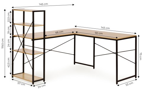Biurko narożne z regałem 4 półki komputerowe jasny dąb loftowe ModernHome